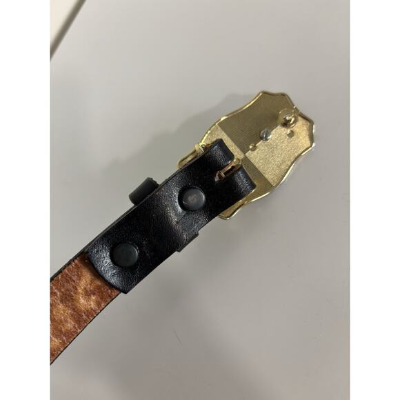 Vtg Women’s Black Saddle Leather Belt Gold Mother of Pearl Buckle Hand Finished - Picture 6 of 9